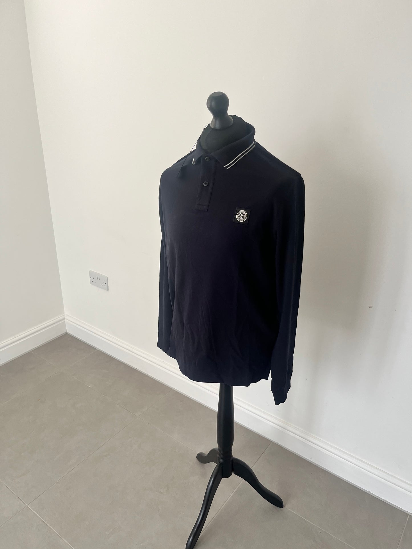 Stone Island Long Sleeve Polo Shirt Slim Fit (Navy/White)