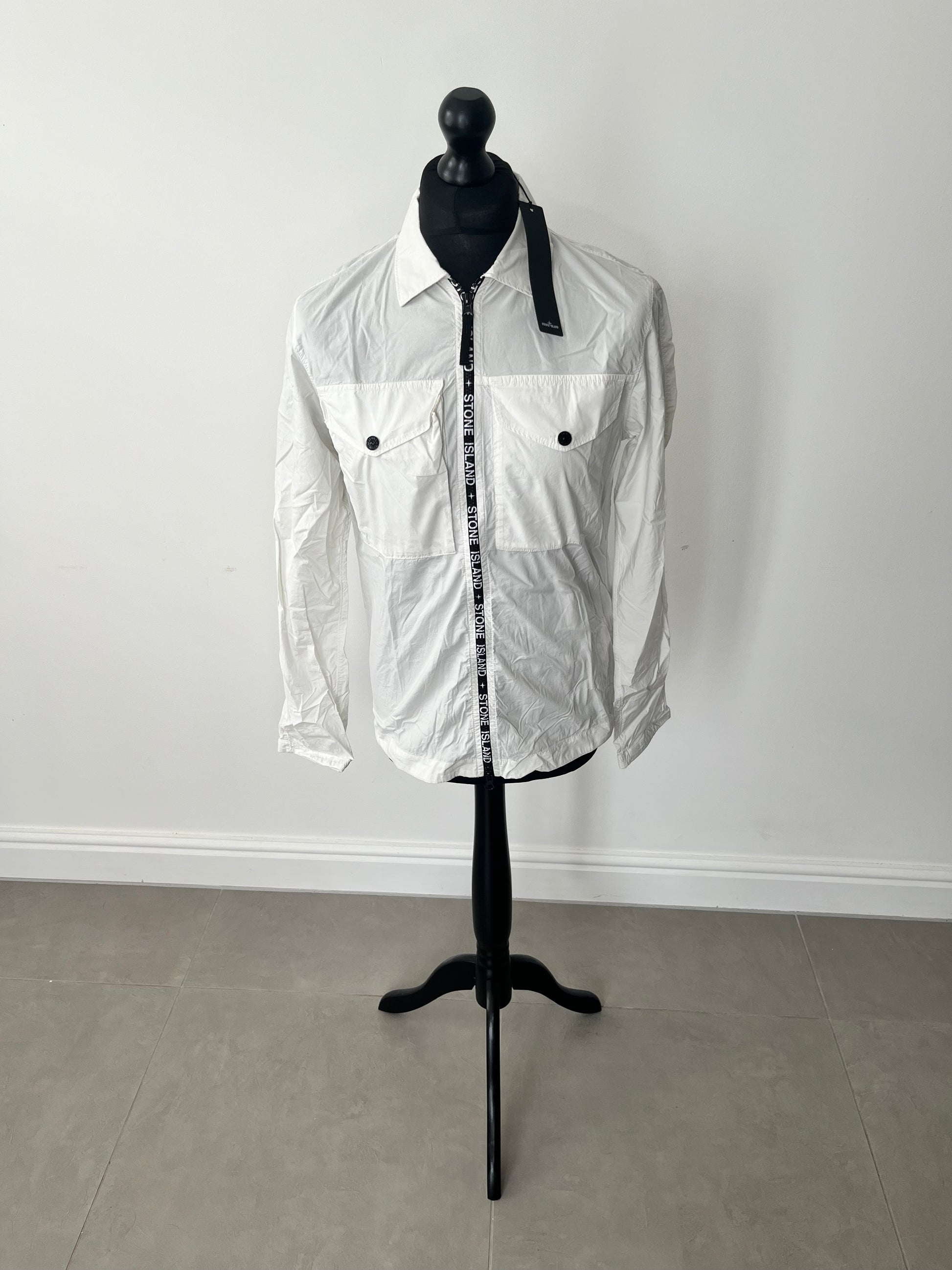 Stone Island Logo Trim Zip Front Overshirt White CasualCentral