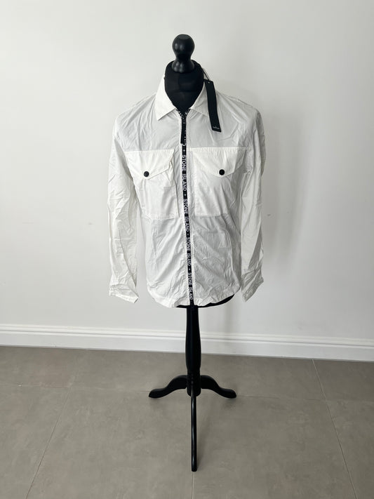 Stone Island Logo-Trim Zip-Front Overshirt (White)