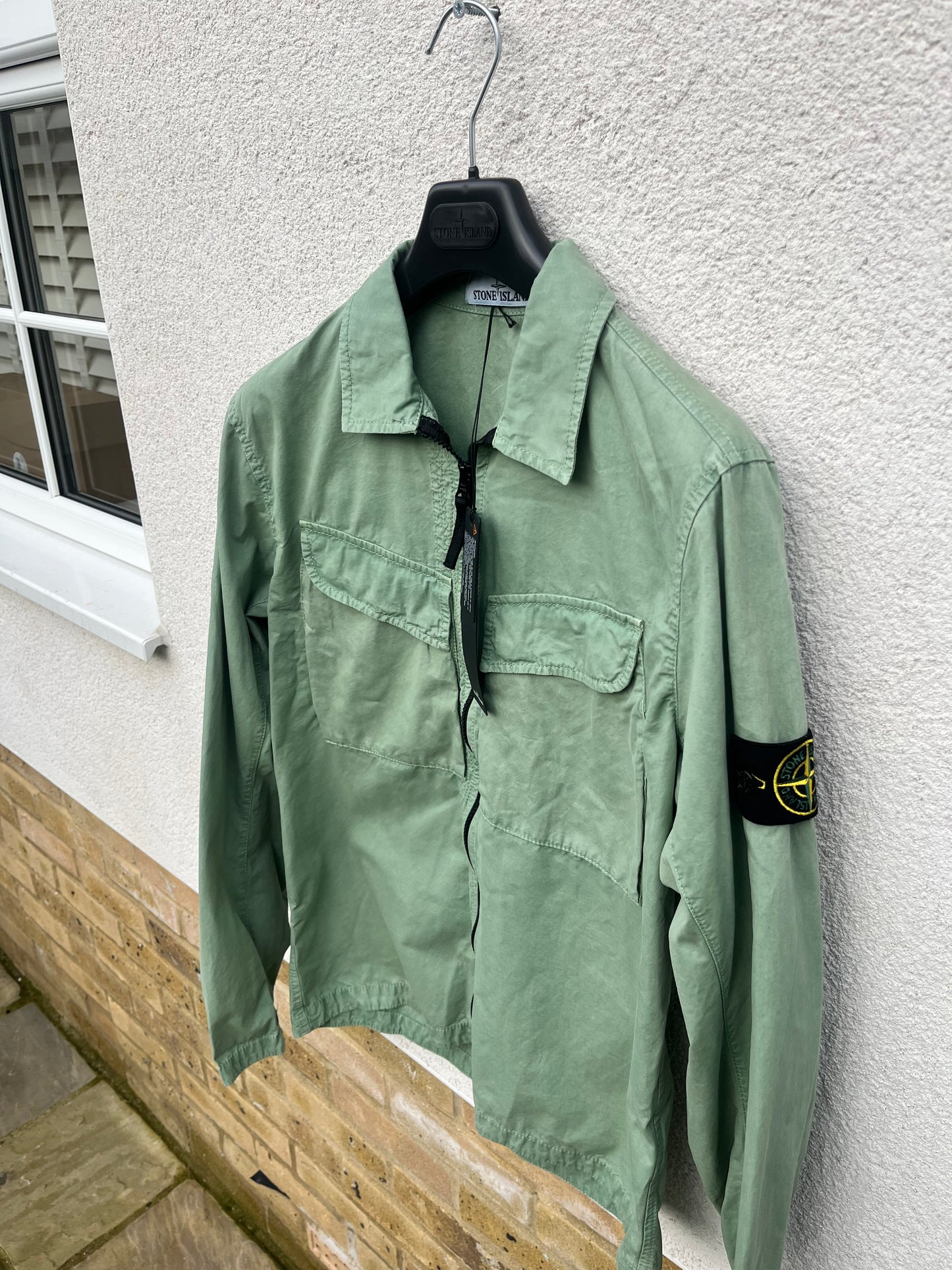 Stone Island Brushed Cotton Canvas Zip Overshirt (Sage Green)